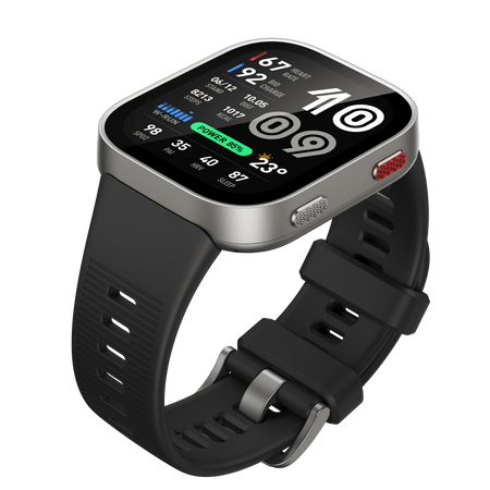 Amazfit Bip Max European Silver — vedere 3/4 cu ramă argintie