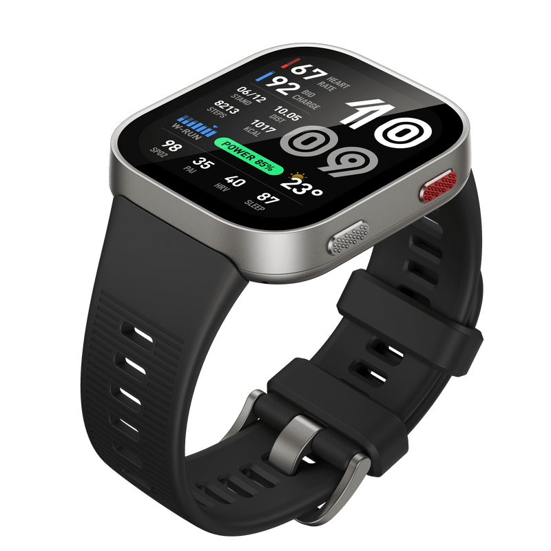 Amazfit Bip Max European Silver — vedere 3/4 cu ramă argintie