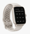 amazfit cheetah square — 3/4 render, strap coiled, lap-details screen