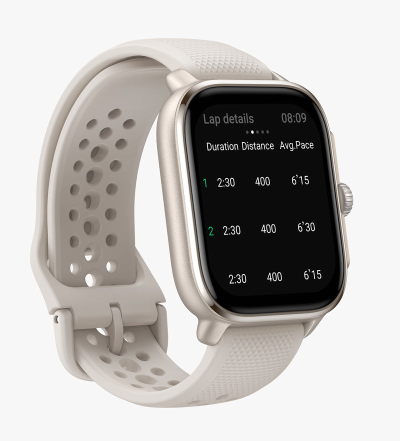 amazfit cheetah square — 3/4 render, strap coiled, lap-details screen