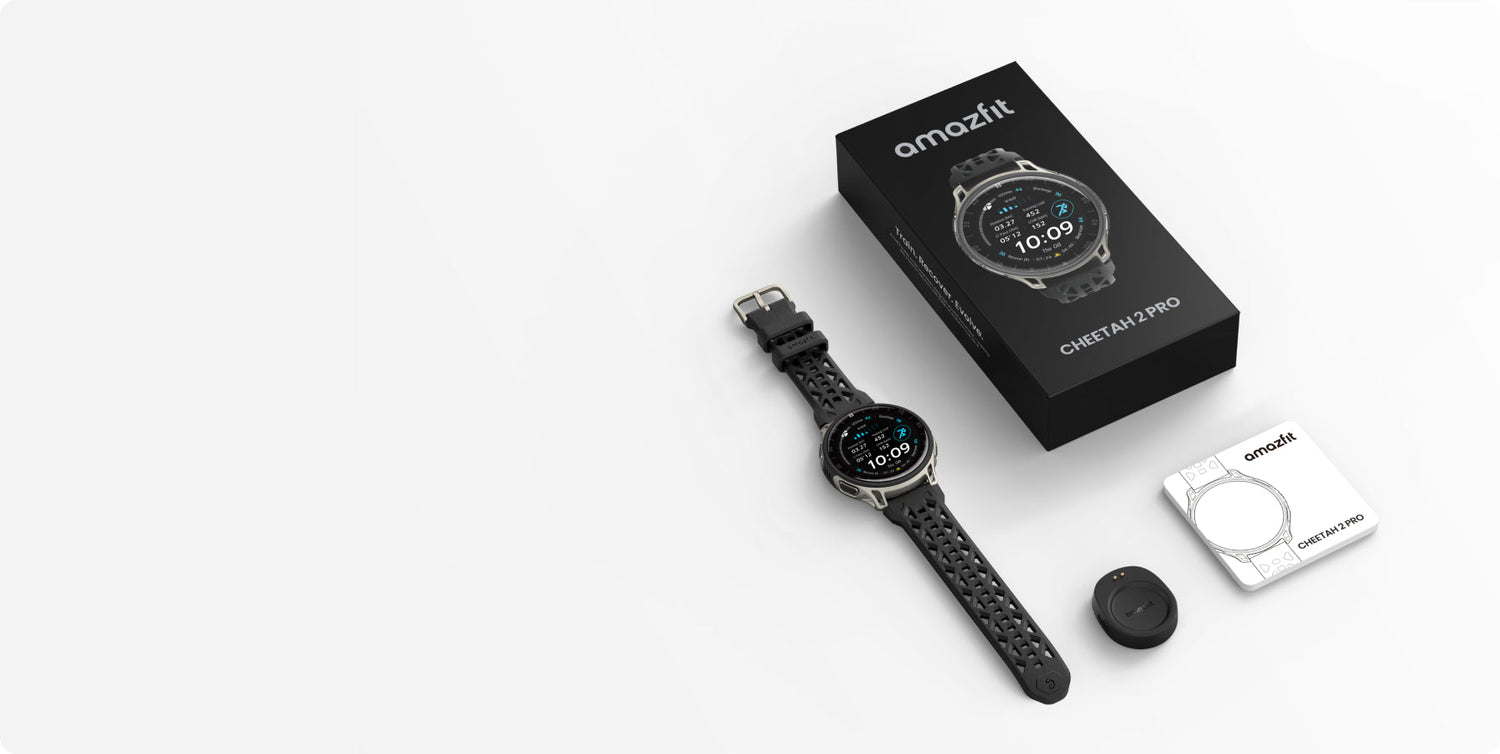 Conținut pachet Cheetah 2 Pro - smartwatch, bază magnetică încărcare, manual